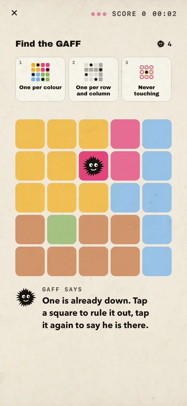 A Find the GAFF board, a five by five colour grid.