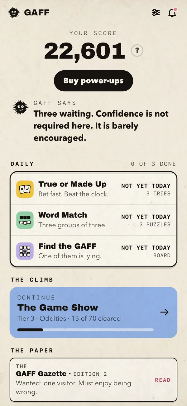 The GAFF home screen, with today's three puzzles listed.