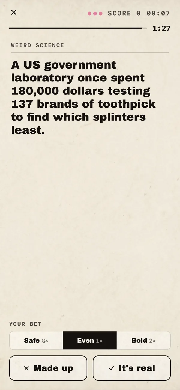 A True or Made Up card with safe, even and bold wagers.